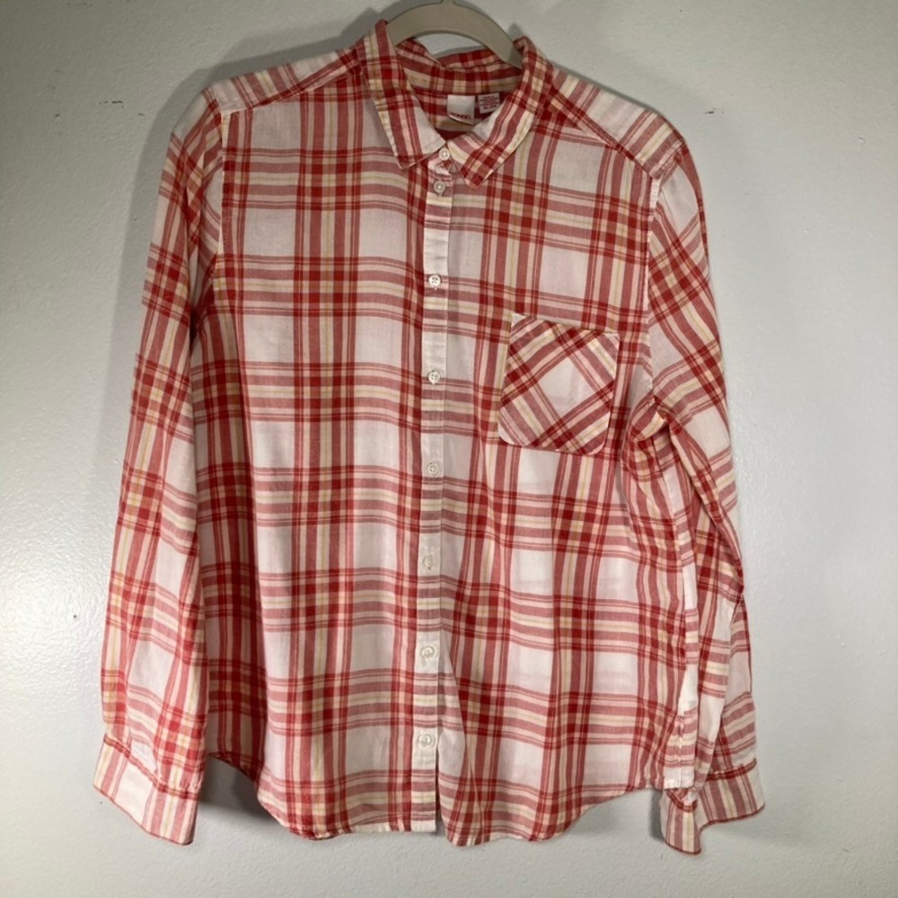 Bongo Red White Plaid Button Down Shirt Long Sleeve XL Pocket Casual Top
